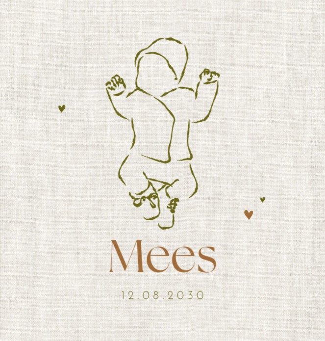 Modern geboortekaartje beige met linnen structuur. Lijntekening baby.