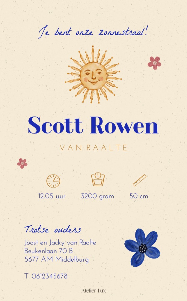 Geboortekaartje Scott met blauwe envelop en bijpassende sluitsticker