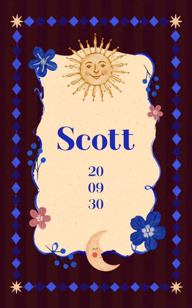 Geboortekaartje Scott met zon, maan en bloemen in bordeauxrood en blauw