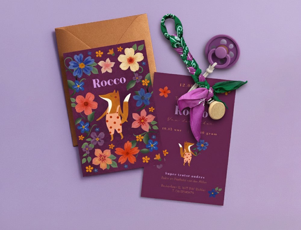 Geboortekaartje vosje met bloemen - Rocco