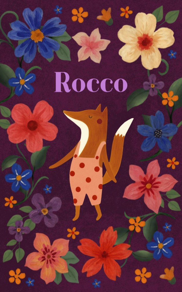 Geboortekaartje meisje met vosje en bloemen – paars geboortekaartje met illustratie van vos in roze tuinbroek tussen kleurrijke bloemen. Uniek handgeschilderd ontwerp van Atelier Lux.